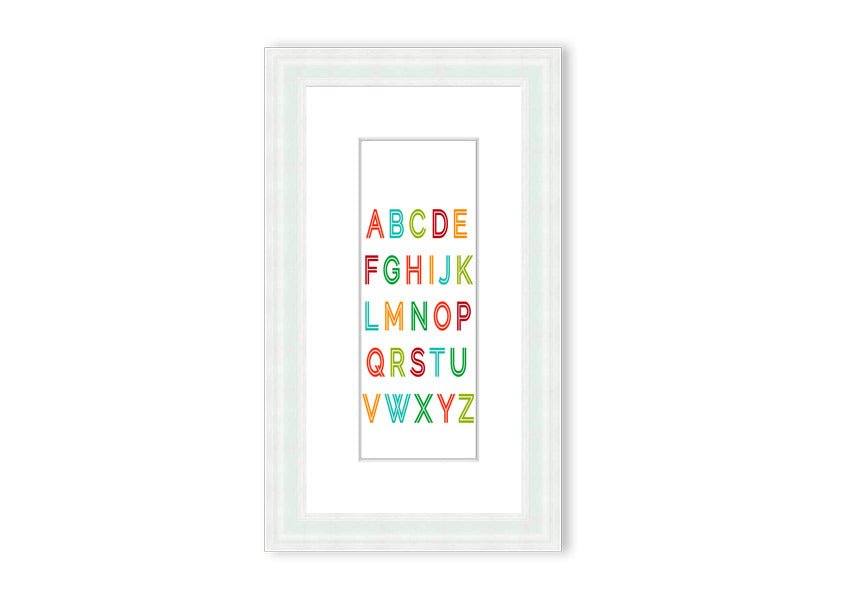 A colorful framed print featuring the alphabet, handmade in the UK, displayed in a stylish frame.