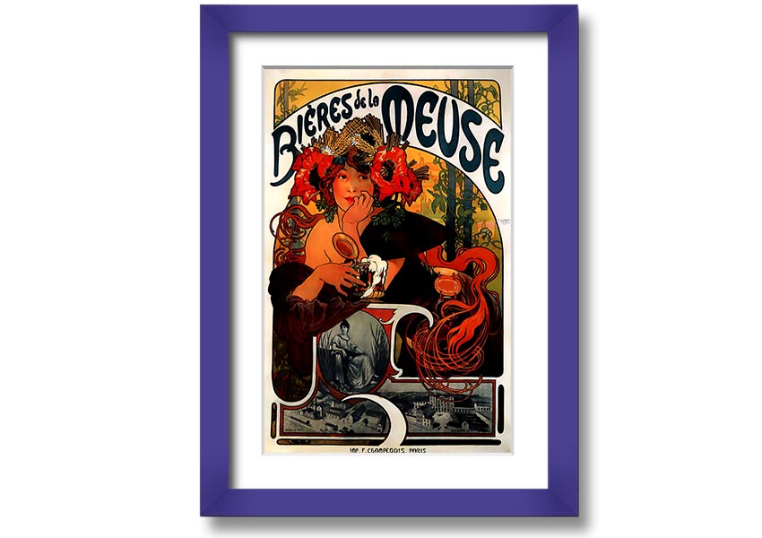 Framed print of Alphonse Mucha's Bieres De La Meuse artwork, showcasing intricate details and vibrant colors, available in various frame colors.