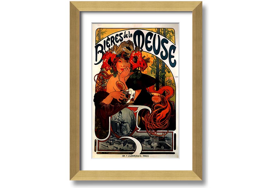 Framed print of Alphonse Mucha's Bieres De La Meuse artwork, showcasing intricate details and vibrant colors, available in various frame colors.