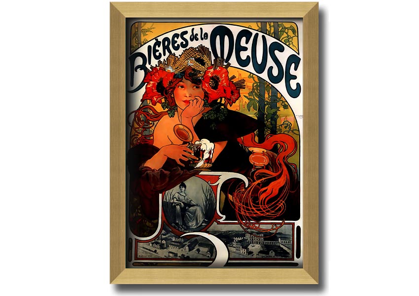 Framed print of Alphonse Mucha's Bieres De La Meuse artwork, showcasing intricate details and vibrant colors, available in various frame colors.