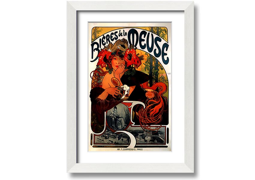 Framed print of Alphonse Mucha's Bieres De La Meuse artwork, showcasing intricate details and vibrant colors, available in various frame colors.