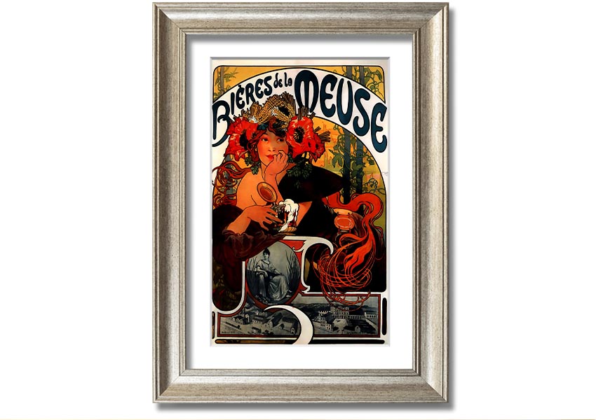 Framed print of Alphonse Mucha's Bieres De La Meuse artwork, showcasing intricate details and vibrant colors, available in various frame colors.
