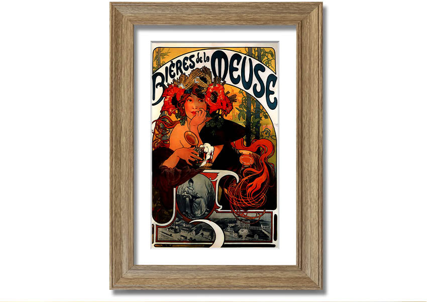 Framed print of Alphonse Mucha's Bieres De La Meuse artwork, showcasing intricate details and vibrant colors, available in various frame colors.