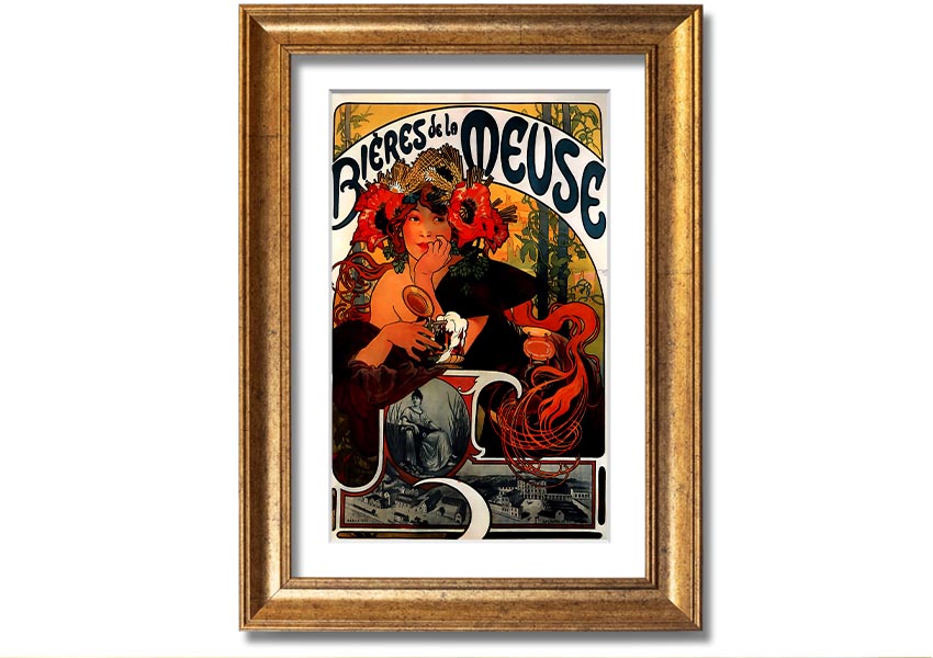 Framed print of Alphonse Mucha's Bieres De La Meuse artwork, showcasing intricate details and vibrant colors, available in various frame colors.