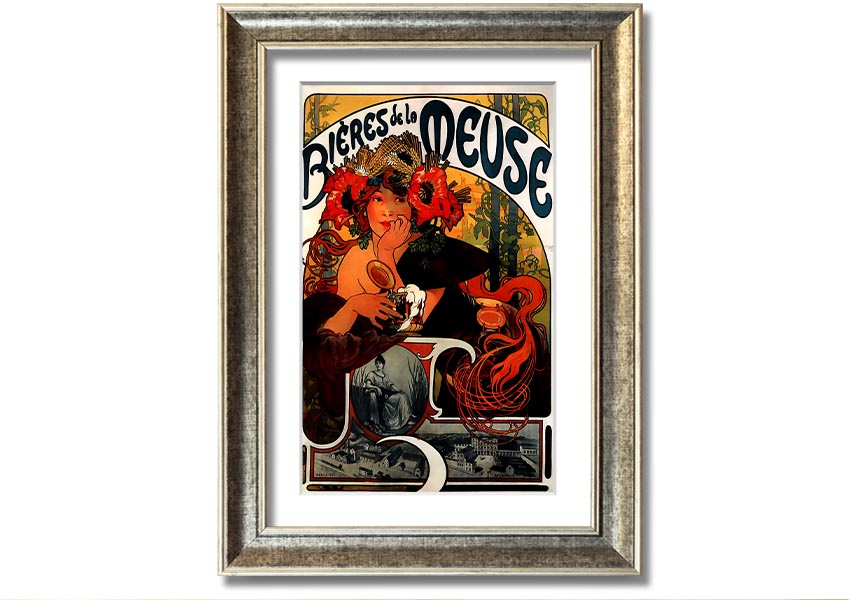Framed print of Alphonse Mucha's Bieres De La Meuse artwork, showcasing intricate details and vibrant colors, available in various frame colors.