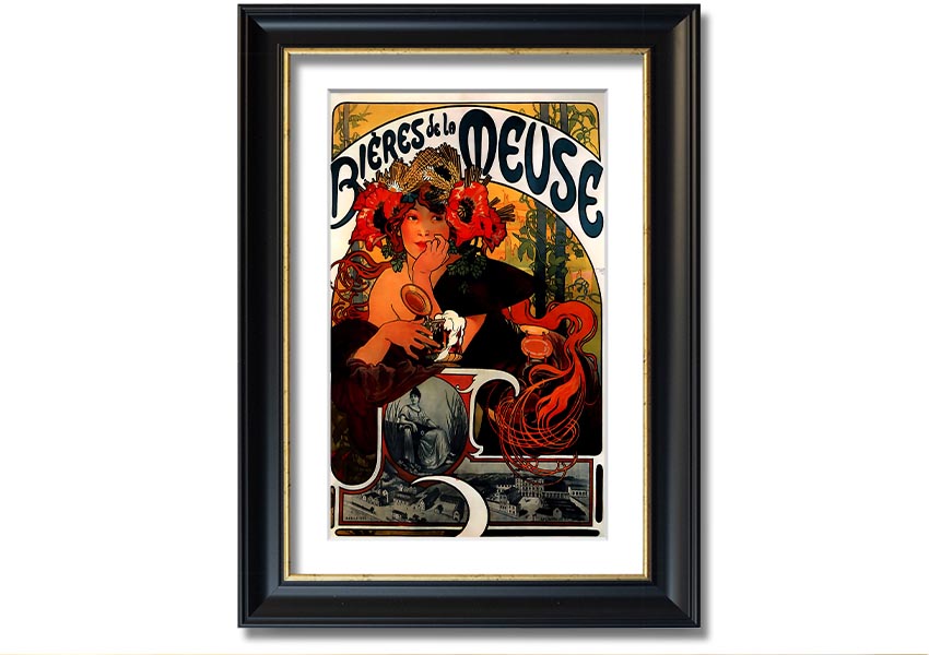 Framed print of Alphonse Mucha's Bieres De La Meuse artwork, showcasing intricate details and vibrant colors, available in various frame colors.
