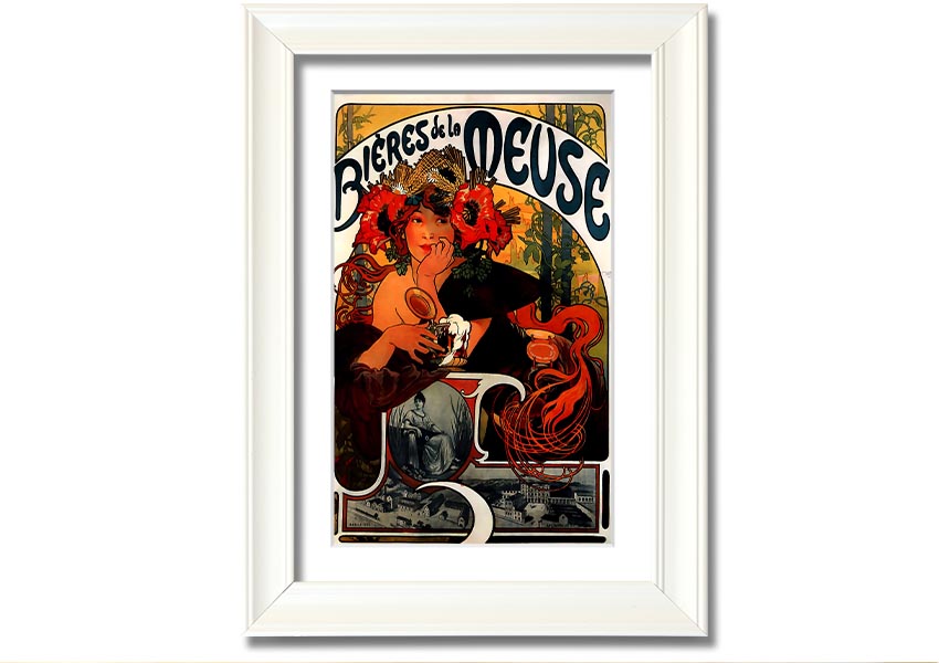 Framed print of Alphonse Mucha's Bieres De La Meuse artwork, showcasing intricate details and vibrant colors, available in various frame colors.