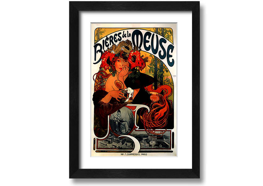 Framed print of Alphonse Mucha's Bieres De La Meuse artwork, showcasing intricate details and vibrant colors, available in various frame colors.