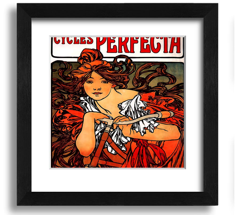 Alphonse Mucha Cycles Perfecta Square Framed Print showcasing intricate Art Nouveau design.