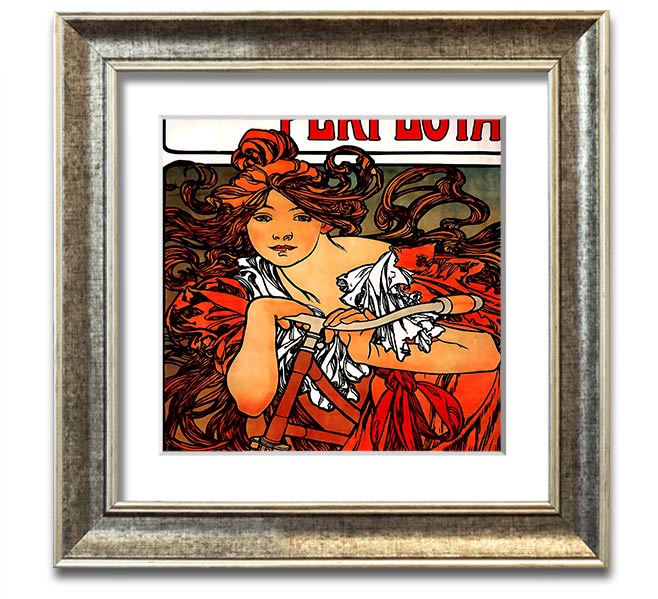 Alphonse Mucha Cycles Perfecta Square Framed Print showcasing intricate Art Nouveau design.