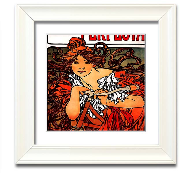Alphonse Mucha Cycles Perfecta Square Framed Print showcasing intricate Art Nouveau design.