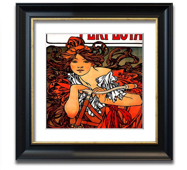 Alphonse Mucha Cycles Perfecta Square Framed Print showcasing intricate Art Nouveau design.