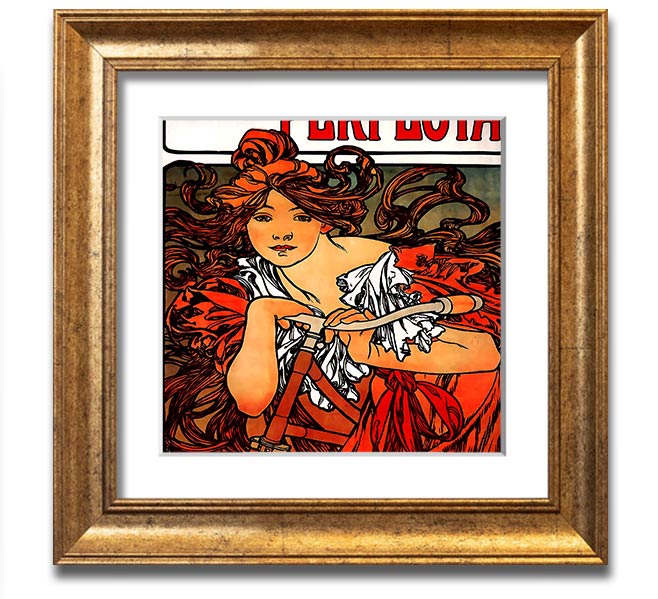 Alphonse Mucha Cycles Perfecta Square Framed Print showcasing intricate Art Nouveau design.