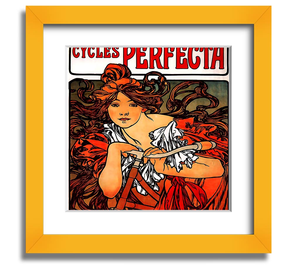 Alphonse Mucha Cycles Perfecta Square Framed Print showcasing intricate Art Nouveau design.