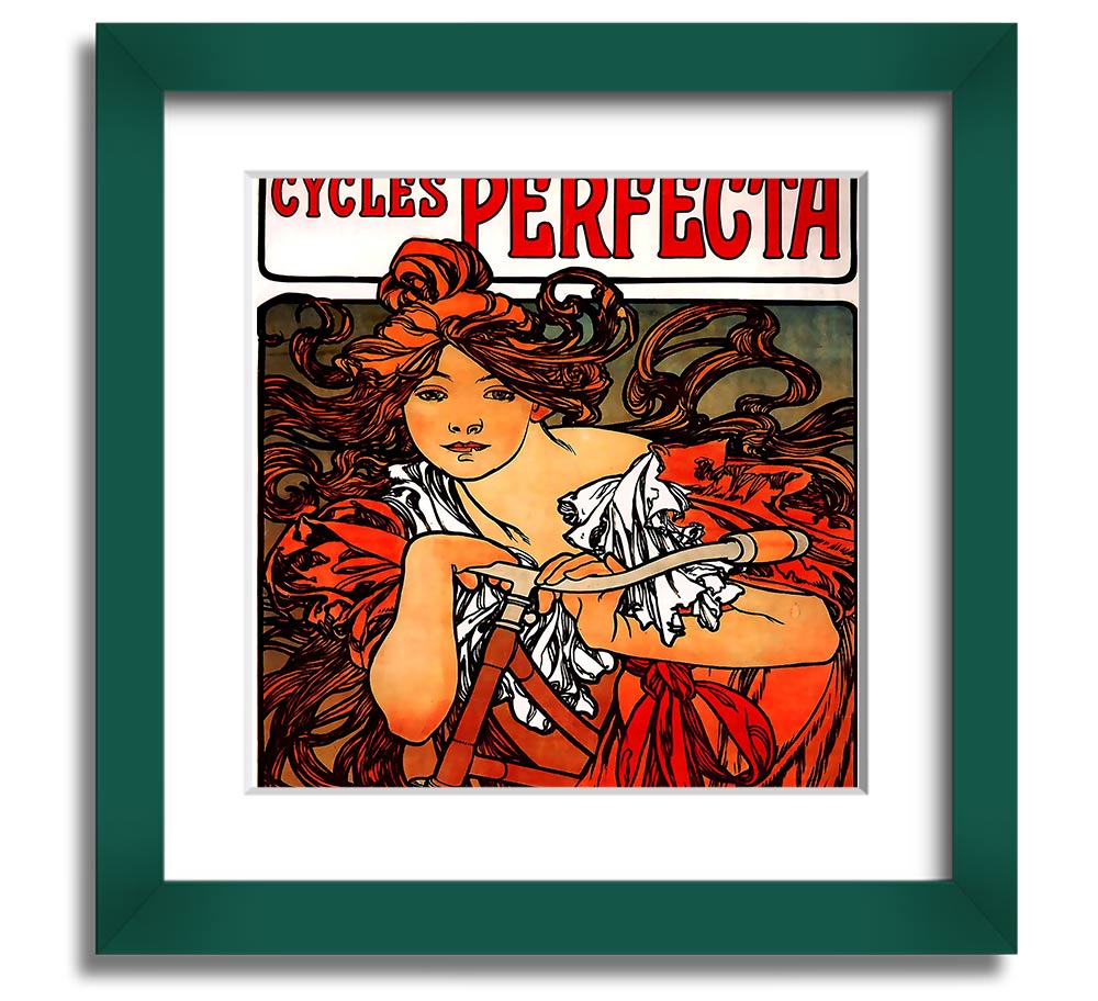 Alphonse Mucha Cycles Perfecta Square Framed Print showcasing intricate Art Nouveau design.