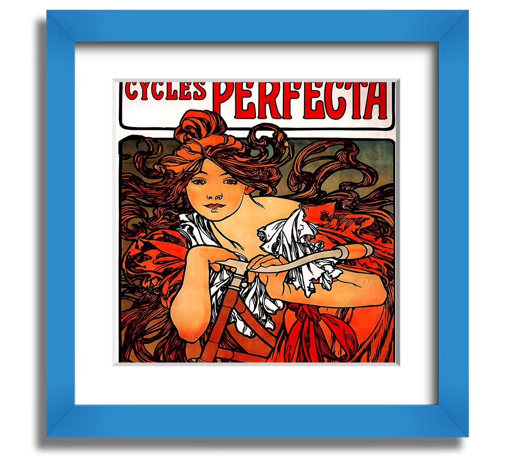 Alphonse Mucha Cycles Perfecta Square Framed Print showcasing intricate Art Nouveau design.
