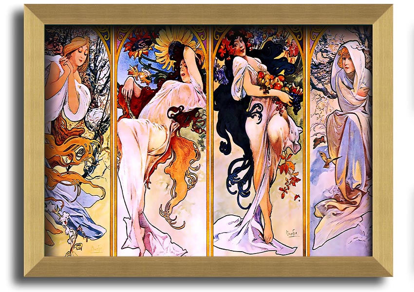 Framed print of Alphonse Mucha's Four Seasons artwork, showcasing vibrant colors and intricate details.