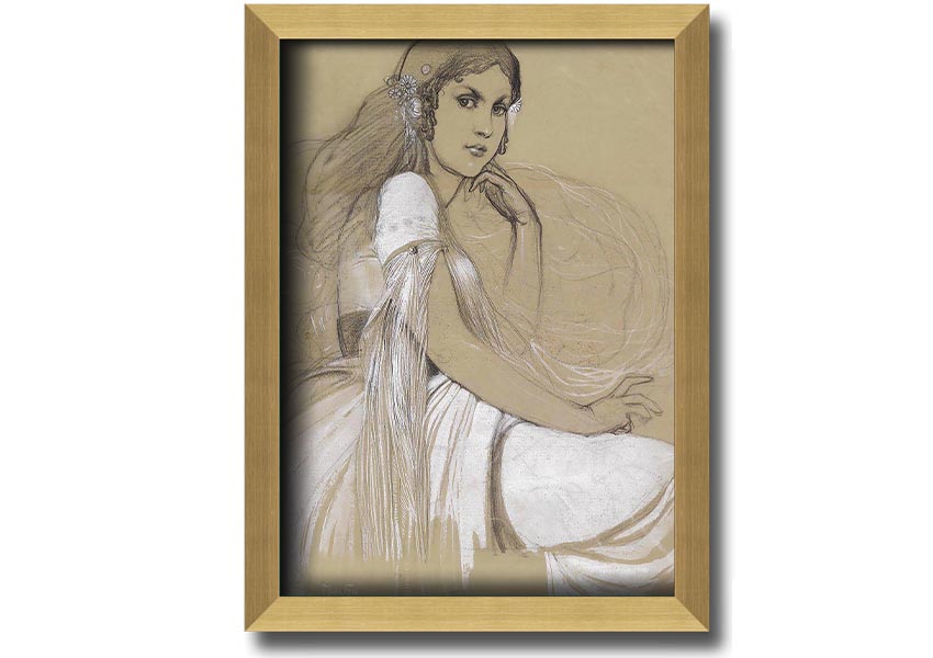Framed print of Alphonse Mucha's Jaroslava Mucha, showcasing intricate details and vibrant colors, available in various frame colors.