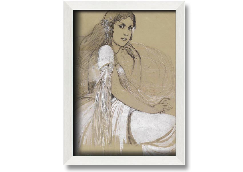 Framed print of Alphonse Mucha's Jaroslava Mucha, showcasing intricate details and vibrant colors, available in various frame colors.