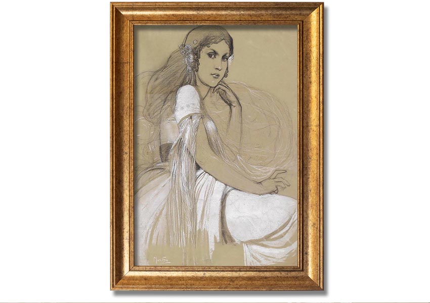 Framed print of Alphonse Mucha's Jaroslava Mucha, showcasing intricate details and vibrant colors, available in various frame colors.