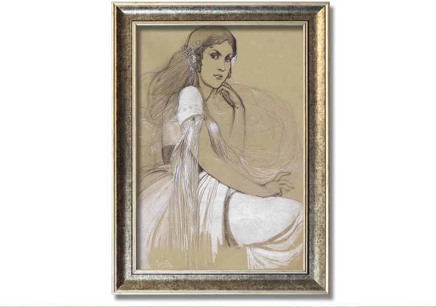 Framed print of Alphonse Mucha's Jaroslava Mucha, showcasing intricate details and vibrant colors, available in various frame colors.