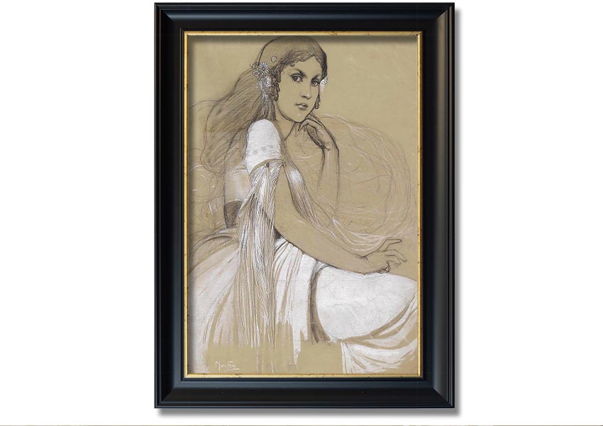 Framed print of Alphonse Mucha's Jaroslava Mucha, showcasing intricate details and vibrant colors, available in various frame colors.