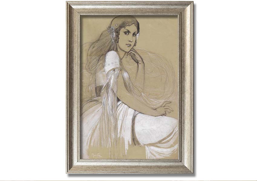 Framed print of Alphonse Mucha's Jaroslava Mucha, showcasing intricate details and vibrant colors, available in various frame colors.