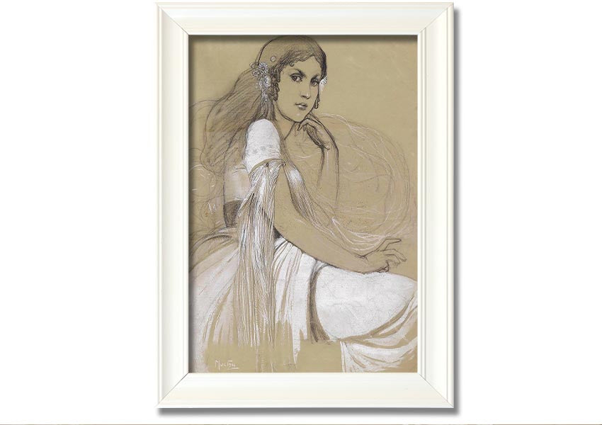 Framed print of Alphonse Mucha's Jaroslava Mucha, showcasing intricate details and vibrant colors, available in various frame colors.