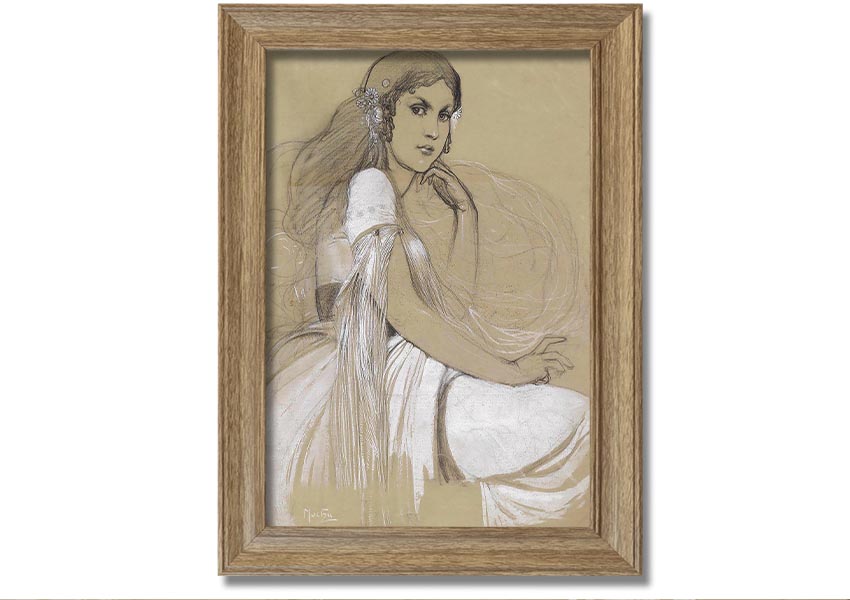 Framed print of Alphonse Mucha's Jaroslava Mucha, showcasing intricate details and vibrant colors, available in various frame colors.