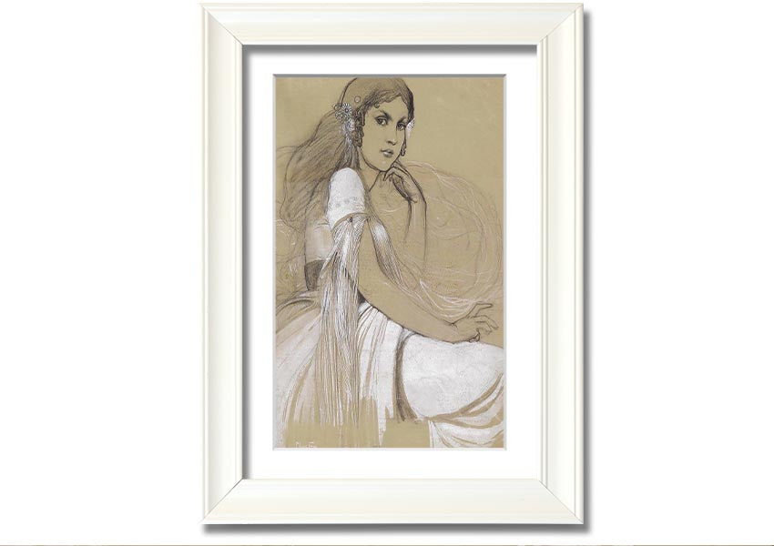 Framed print of Alphonse Mucha's Jaroslava Mucha, showcasing intricate details and vibrant colors, available in various frame colors.