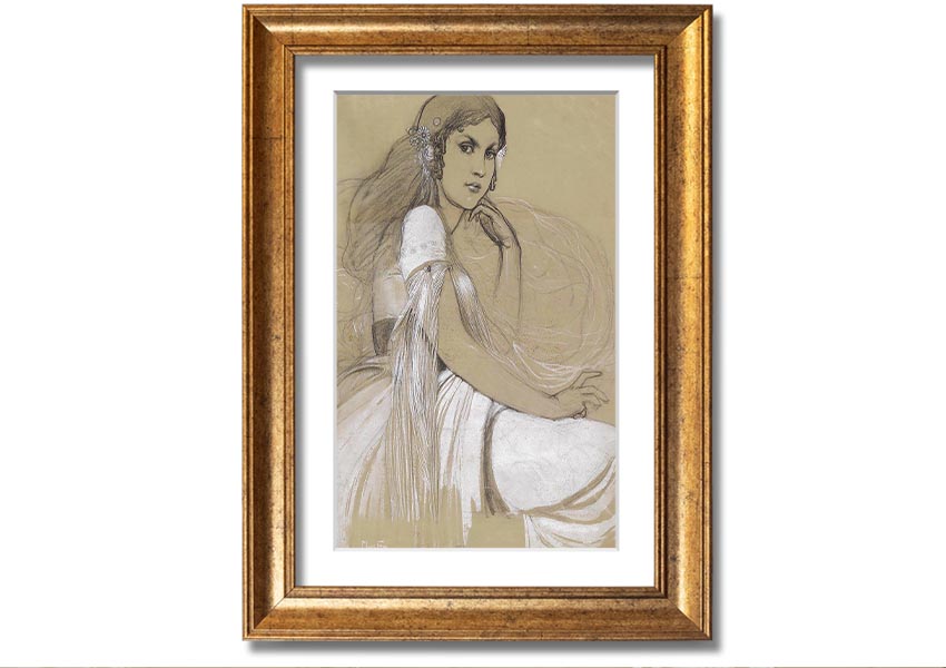 Framed print of Alphonse Mucha's Jaroslava Mucha, showcasing intricate details and vibrant colors, available in various frame colors.