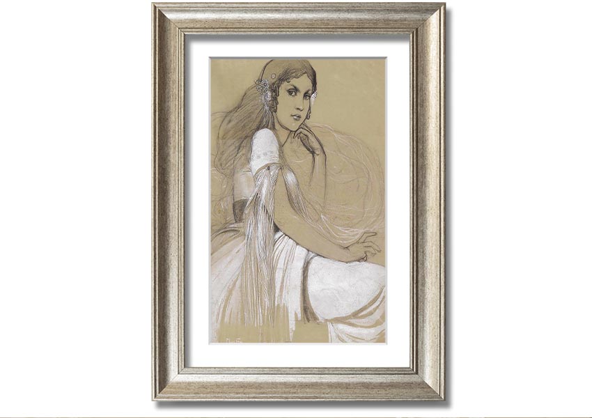 Framed print of Alphonse Mucha's Jaroslava Mucha, showcasing intricate details and vibrant colors, available in various frame colors.