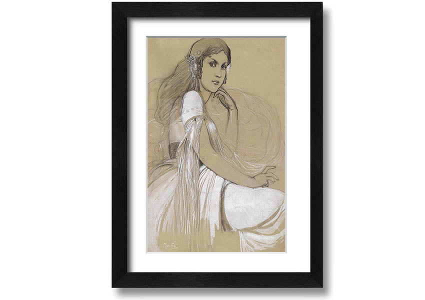 Framed print of Alphonse Mucha's Jaroslava Mucha, showcasing intricate details and vibrant colors, available in various frame colors.