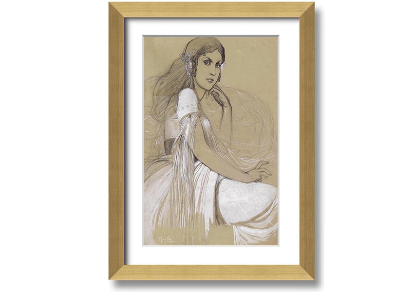 Framed print of Alphonse Mucha's Jaroslava Mucha, showcasing intricate details and vibrant colors, available in various frame colors.