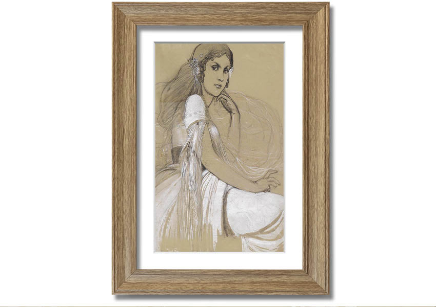 Framed print of Alphonse Mucha's Jaroslava Mucha, showcasing intricate details and vibrant colors, available in various frame colors.