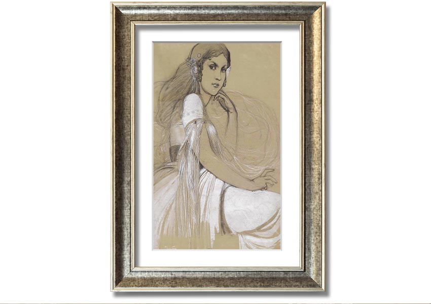 Framed print of Alphonse Mucha's Jaroslava Mucha, showcasing intricate details and vibrant colors, available in various frame colors.
