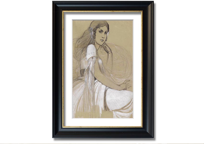 Framed print of Alphonse Mucha's Jaroslava Mucha, showcasing intricate details and vibrant colors, available in various frame colors.