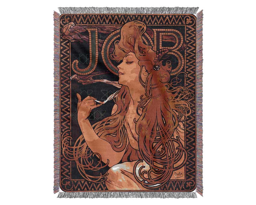Alphonse Mucha Job throw blanket made from 100% cotton, featuring a thermal weave and classic design, perfect for home decor.