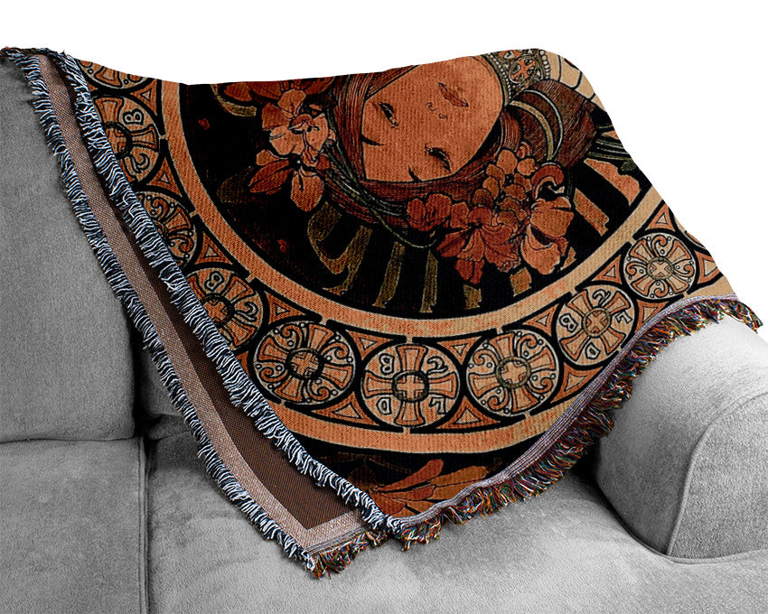 Alphonse Mucha La Trappistine throw blanket featuring intricate designs, made from 100% cotton with a luxurious finish.