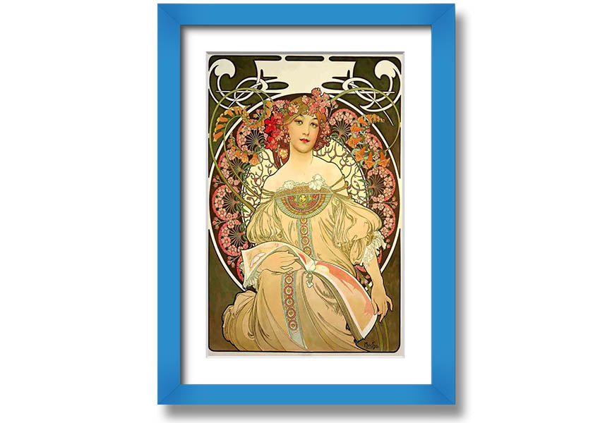Framed print of Alphonse Mucha's artwork, showcasing intricate details and vibrant colors, ready to hang.