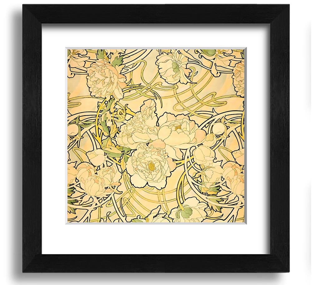 Alphonse Mucha Peonies Square Framed Print showcasing vibrant floral design in a stylish frame.