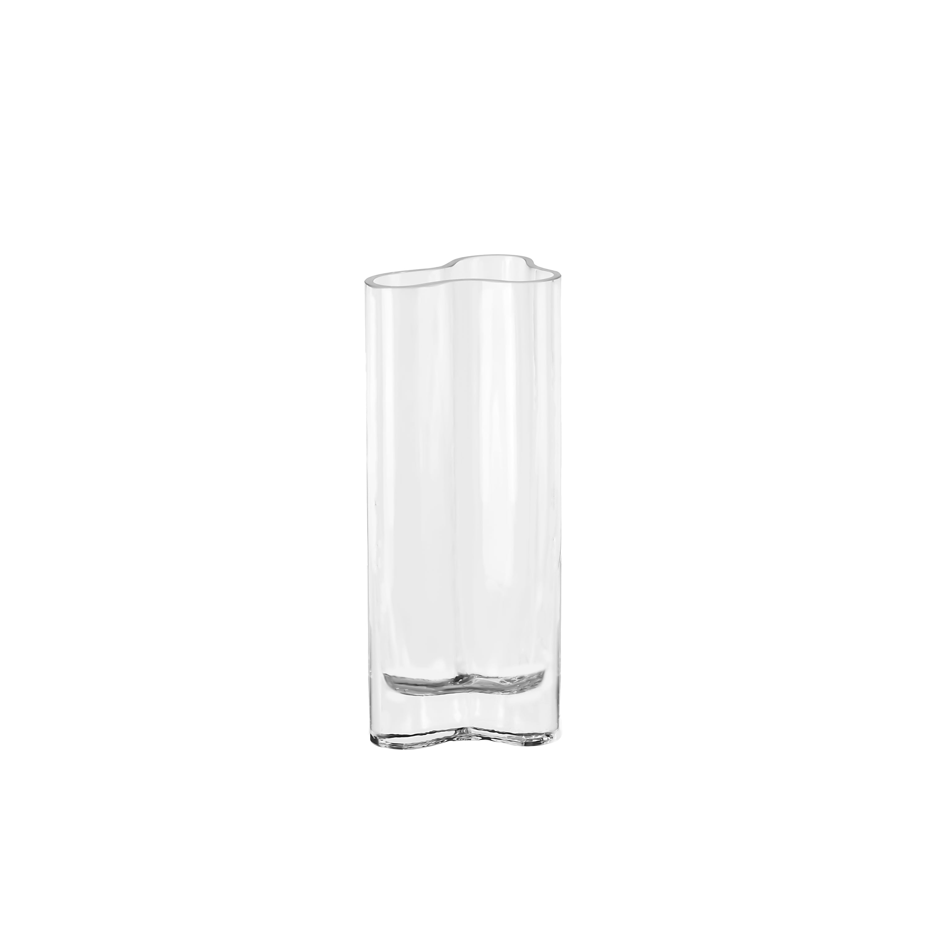 Aalto inspired slim modern glass vase in clear glass, featuring an organic coral shape, standing 26cm tall.