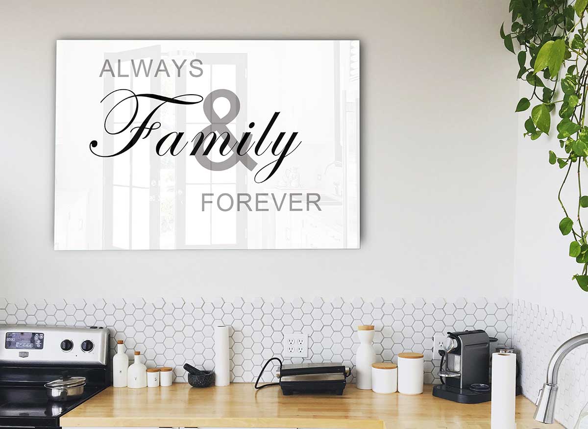 Always And Forever White glass print showcasing modern design and elegance, perfect for home decor.