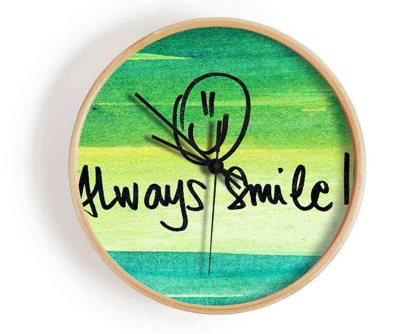 Always Smile clock made from natural bamboo with a round face, available in black, white, and natural frame colors.