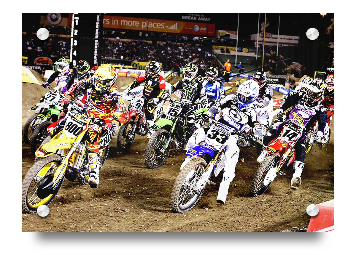 Ama Motorcross acrylic print on 5mm thick acrylic glass, showcasing vibrant colors and a dynamic motorsport design.