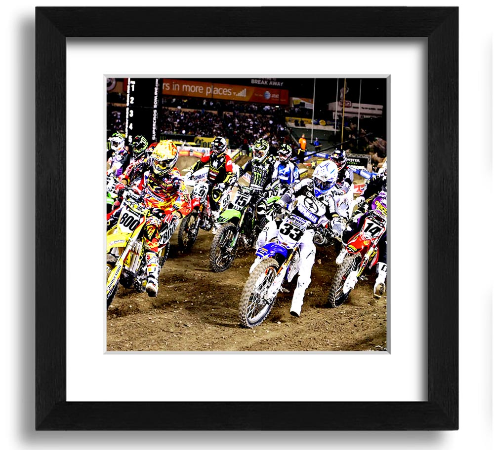 Ama Motorcross Square Framed Print showcasing vibrant motorcross action, framed in a stylish color.