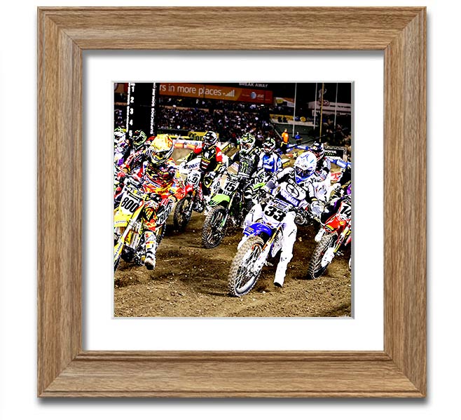 Ama Motorcross Square Framed Print showcasing vibrant motorcross action, framed in a stylish color.