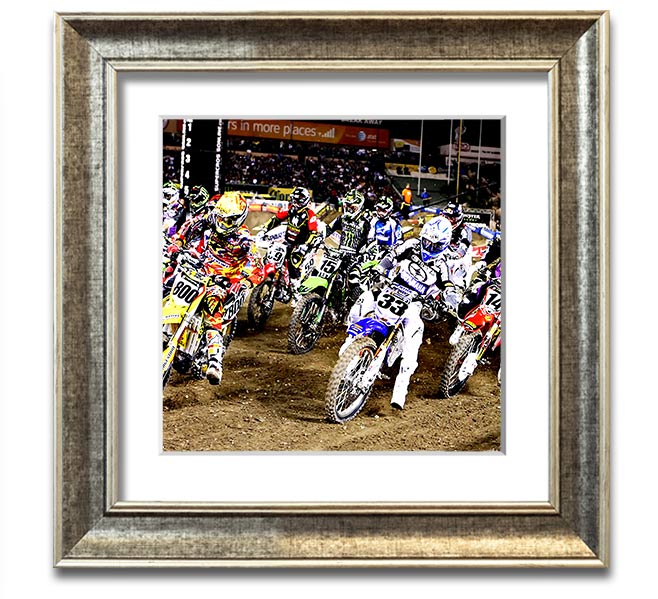 Ama Motorcross Square Framed Print showcasing vibrant motorcross action, framed in a stylish color.