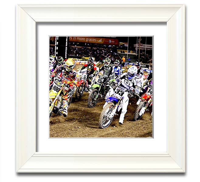 Ama Motorcross Square Framed Print showcasing vibrant motorcross action, framed in a stylish color.
