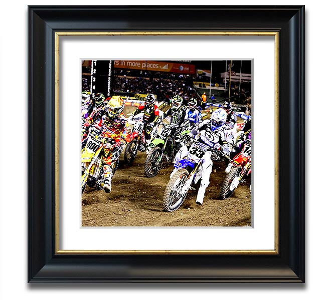 Ama Motorcross Square Framed Print showcasing vibrant motorcross action, framed in a stylish color.